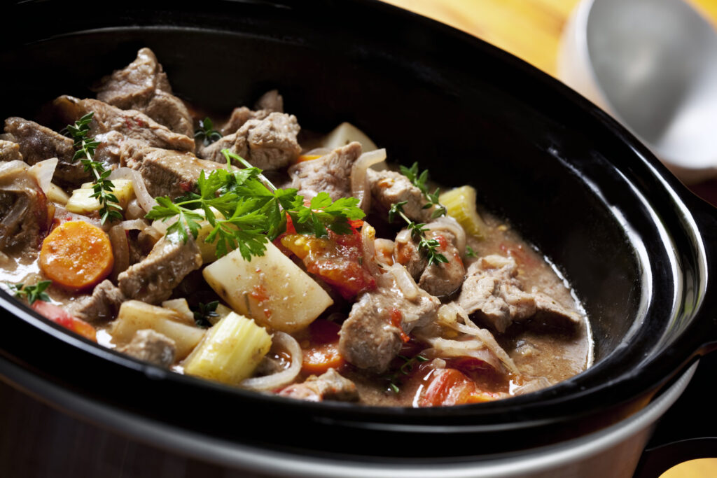 Beef Stew in a slow-cooker, ready to serve.