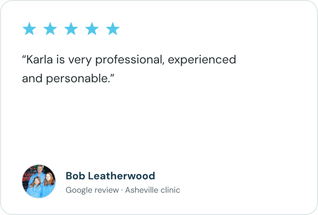 Five-star Google review from Bob Leatherwood, Blue Sky MD Asheville patient, praising provider Karla