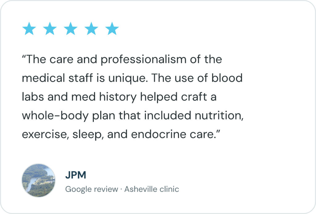 Five-star Google review from a Blue Sky MD Asheville patient describing a whole-body plan built from blood labs