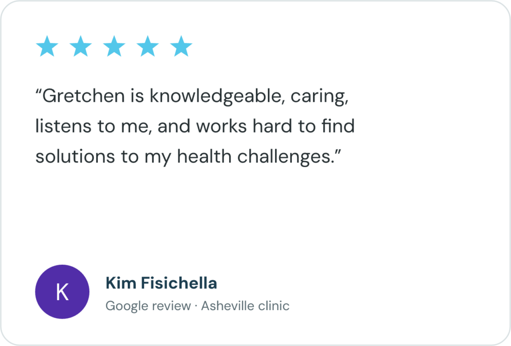 Five-star Google review from Kim Fisichella, Blue Sky MD Asheville patient, praising provider Gretchen's care