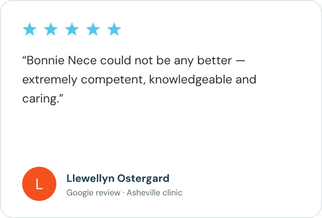 Five-star Google review from Llewellyn Ostergard, Blue Sky MD Asheville patient, praising provider Bonnie Nece