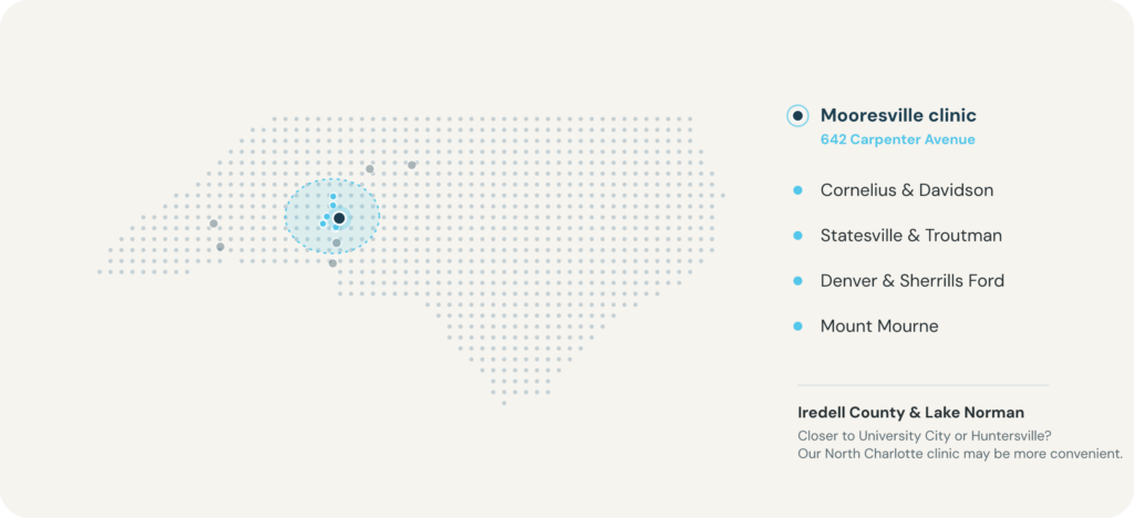 a graphic showing where our Blue Sky MD Mooresville medical weight loss and hormone therapy clinic is located